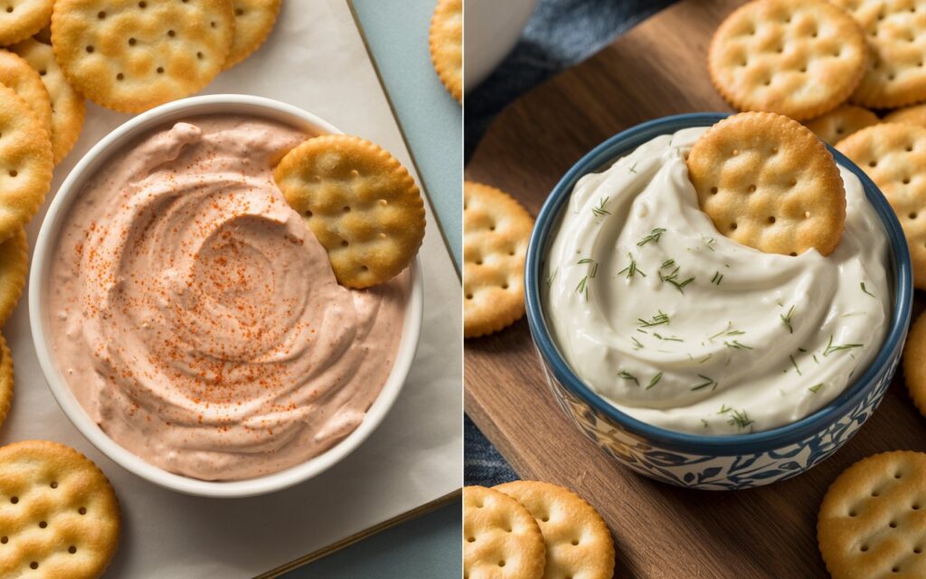 Two bowls of dip&mdash;one pinkish with a cracker and sprinkled seasoning, the other white with dill and a cracker&mdash;are surrounded by Ritz Crackers, making the perfect spread for any Ritz Cracker Dip lover.