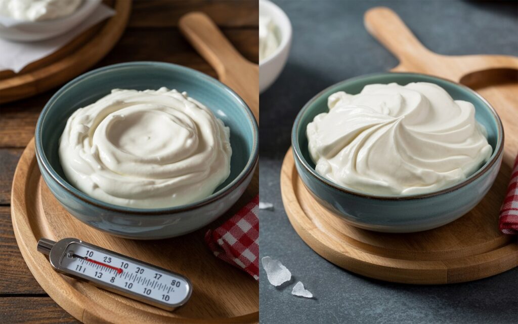 Two bowls of whipped cream sit on wooden boards, one with a thermometer beside it and the other with a swirled pattern on top&mdash;perfect for pairing with your favorite Ritz Cracker Dip.