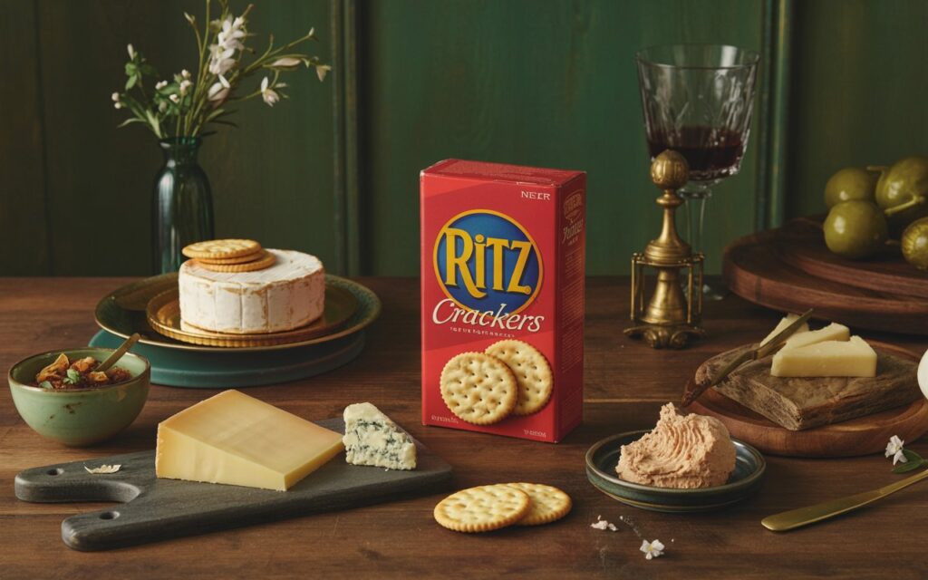 A box of Ritz crackers sits on a wooden table surrounded by cheeses, olives, a flower vase, red wine, and a flavorful Ritz Cracker Dip.