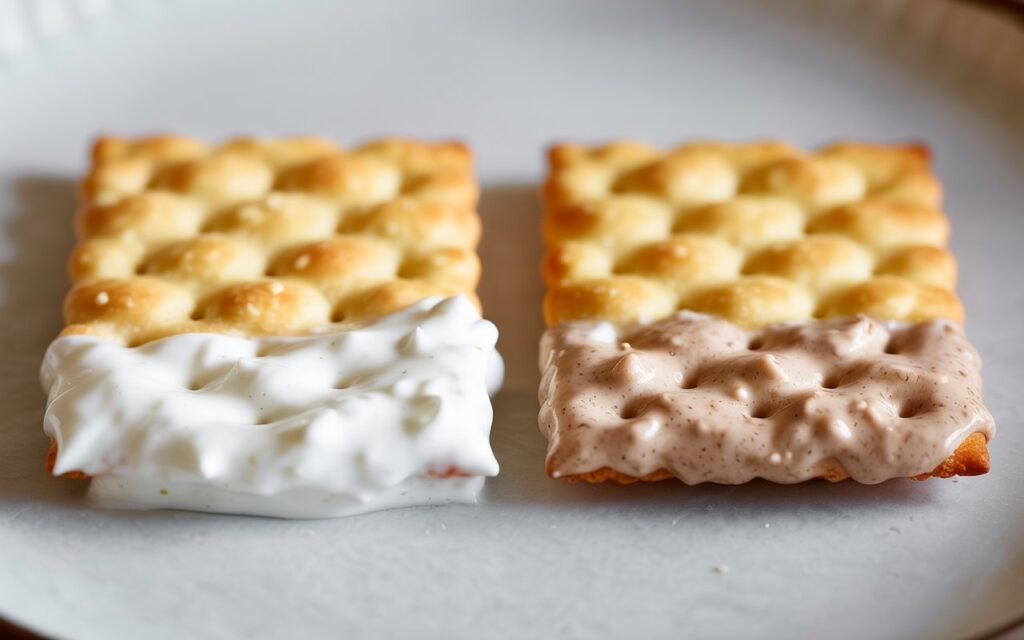 Two rectangular crackers on a white plate, one dipped in white cream and the other in light brown cream, perfect for enjoying as a Ritz Cracker Dip snack.
