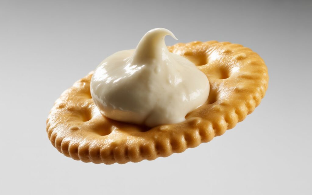 A round Ritz cracker with a dollop of creamy white dip on top, set against a plain gray background.