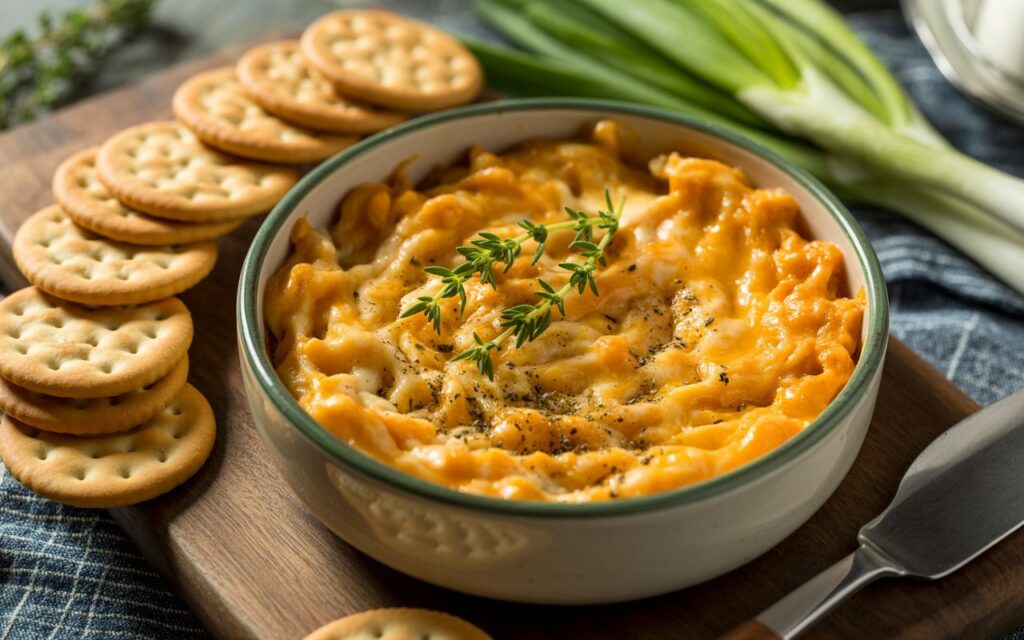 A bowl of baked cheesy Ritz Cracker Dip, garnished with fresh thyme, sits surrounded by round crackers on a wooden board, with green onions in the background.