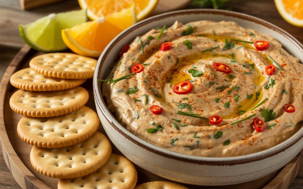 A bowl of creamy hummus topped with olive oil, herbs, and sliced red chili, served as a delicious Ritz Cracker Dip alongside round crackers and lemon and lime wedges.