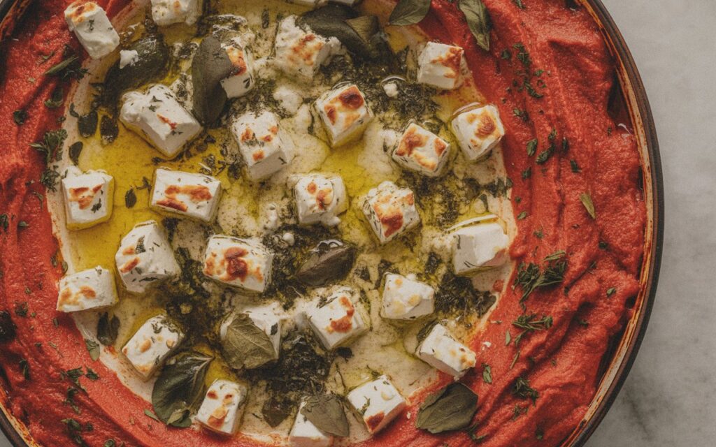 A bowl of red hummus topped with feta cubes, herbs, and olive oil, garnished with fresh basil leaves&mdash;perfect as a Ritz Cracker Dip for your next gathering.