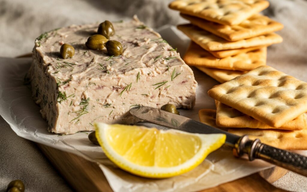 A block of p&acirc;t&eacute; garnished with capers sits on parchment paper beside stacked Ritz Crackers, a lemon wedge, and a knife on a wooden board&mdash;perfect for an elegant Ritz Cracker Dip experience.
