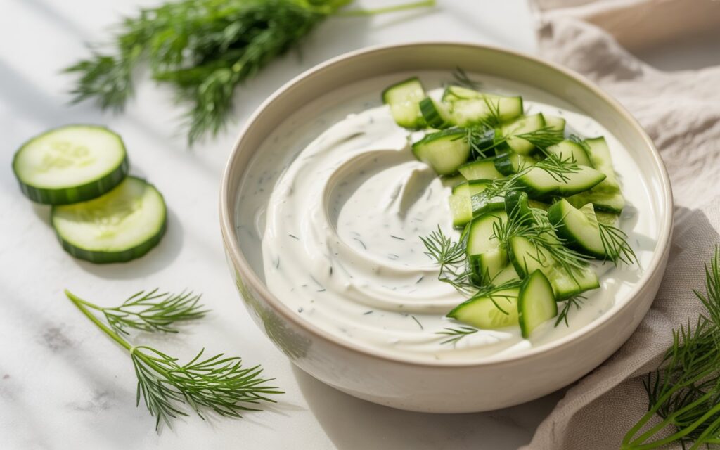 A bowl of creamy Ritz Cracker Dip yogurt, garnished with chopped cucumber and fresh dill, with cucumber slices and dill sprigs nearby on a white surface.