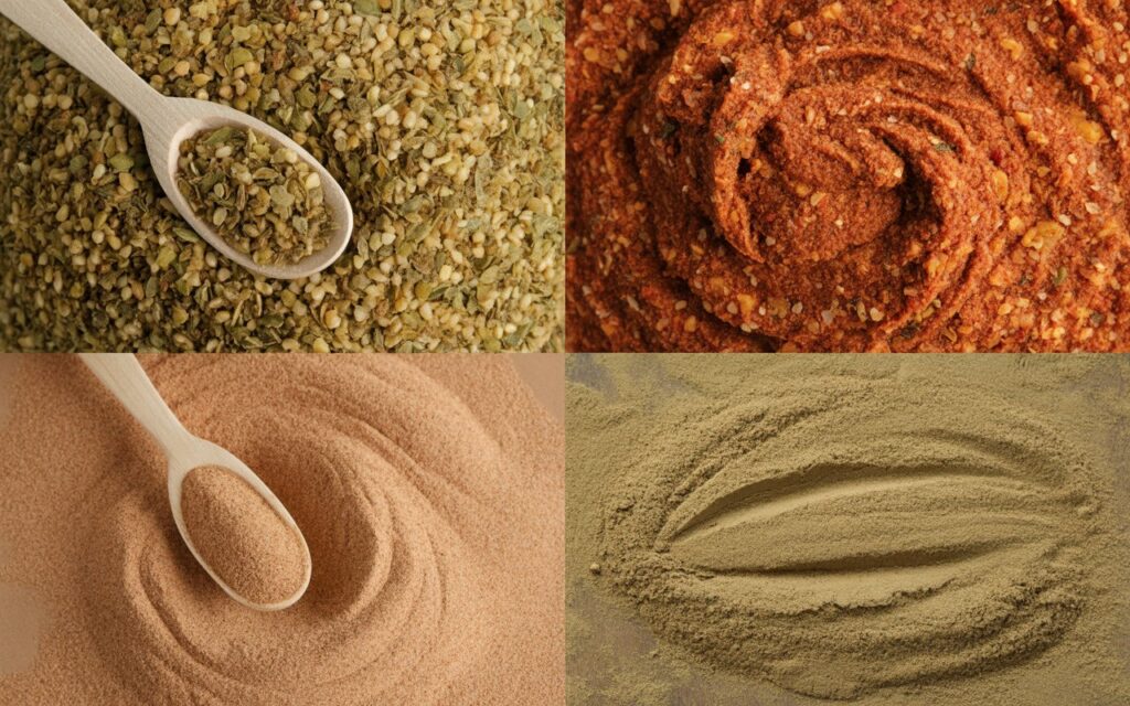 Four types of ground spices and herbs arranged in quadrants, each with distinct colors and textures; two sections include white spoons resting on the powders&mdash;perfect inspiration for your next Ritz Cracker Dip creation.