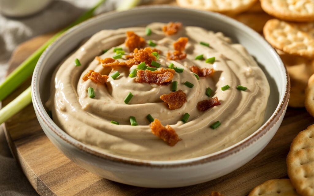 A bowl of creamy Ritz Cracker Dip garnished with chopped chives and crispy bacon bits, surrounded by round crackers on a wooden board.