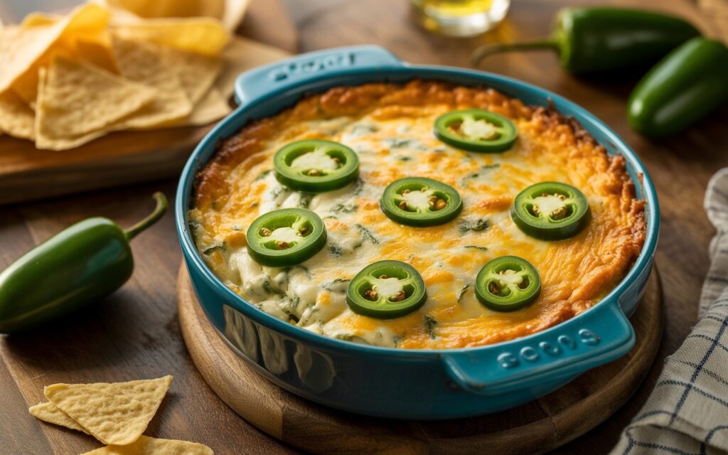 A baked cheesy Ritz Cracker Dip topped with sliced jalape&ntilde;os in a blue dish, surrounded by tortilla chips and whole jalape&ntilde;os on a wooden table.