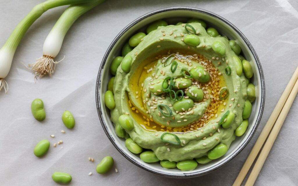 A bowl of green hummus, perfect as a Ritz Cracker Dip, topped with edamame, sliced green onions, sesame seeds, and olive oil, with chopsticks and green onions beside it on a white surface.