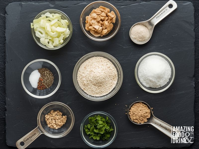 Individual ingredients for homemade onion dip mix displayed in small bowls with measuring spoons on dark surface