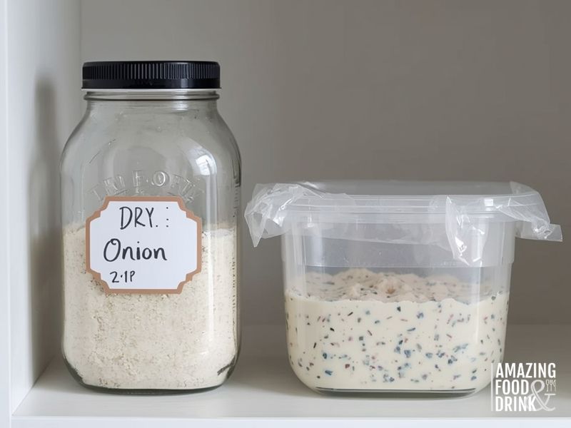 Proper storage of homemade onion dip mix in labeled glass jars showing dry mix and prepared dip