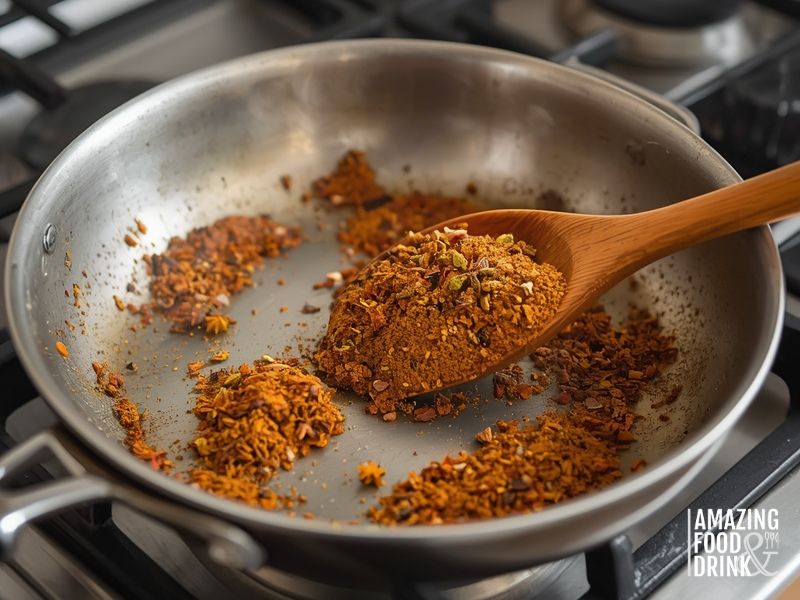 Toasting dried onion and spices in pan on stovetop to release aromatic compounds
