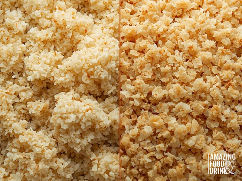 Close-up of two types of chopped or crumbled food, lighter on the left and darker on the right, shown side by side with the "Amazing Food & Drink" logo&mdash;perfect for comparing classic versus Oven-Baked Crab Cake textures.