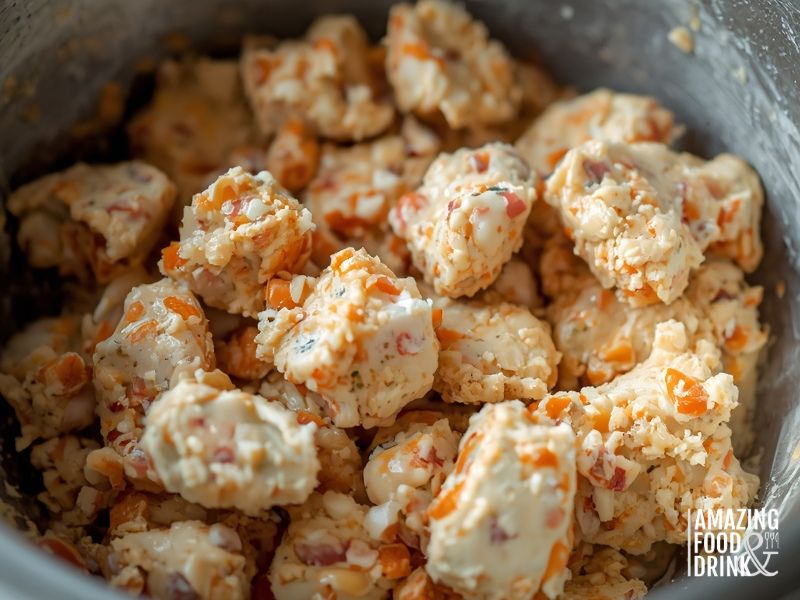Perfect consistency of oven-baked crab cakes mixture showing proper moisture and visible crab lumps