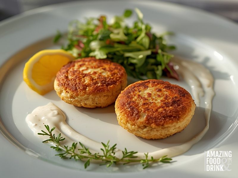 Elegant plating of oven-baked crab cakes with remoulade sauce and fresh salad