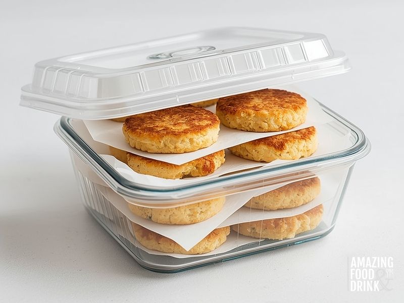 Proper storage method for leftover oven-baked crab cakes in airtight container with paper layers
