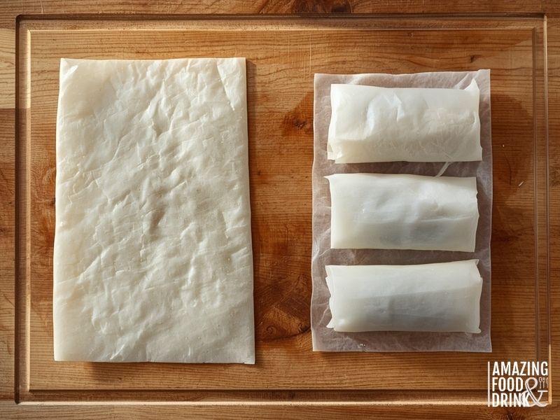 Side-by-side comparison showing thick egg roll wrappers next to thin spring roll wrappers