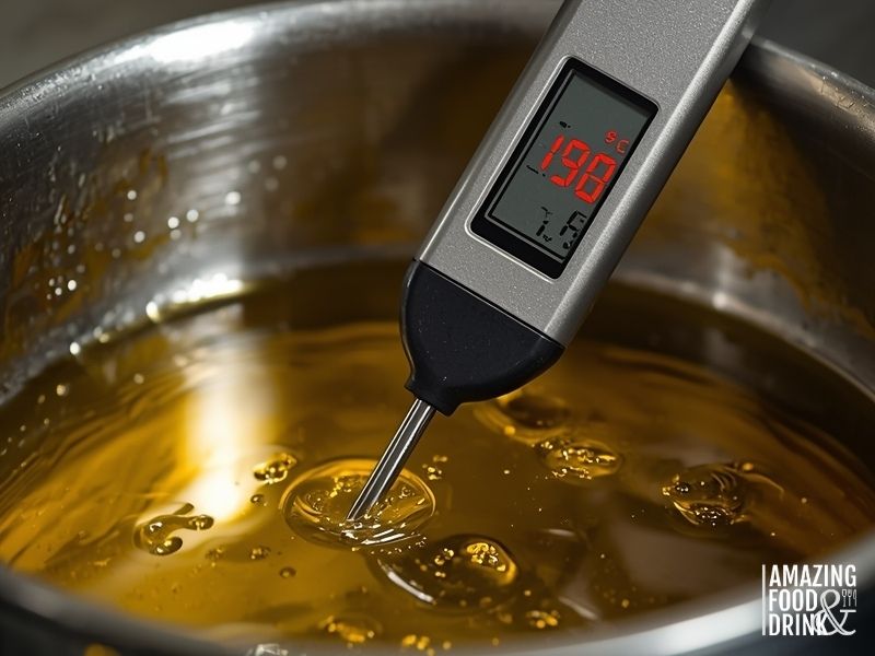 Digital thermometer measuring oil temperature at 190&deg;C for frying egg rolls