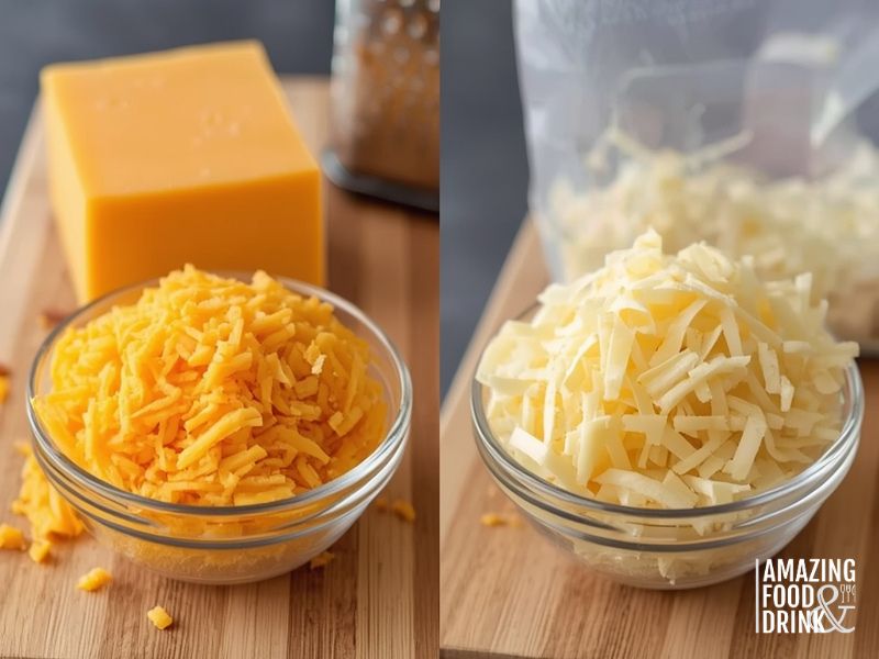 Fresh grated cheddar cheese compared to pre-shredded cheese for making mac and cheese