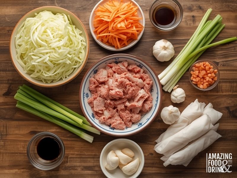 All ingredients for egg roll recipe arranged on wooden surface including ground pork, vegetables, and seasonings