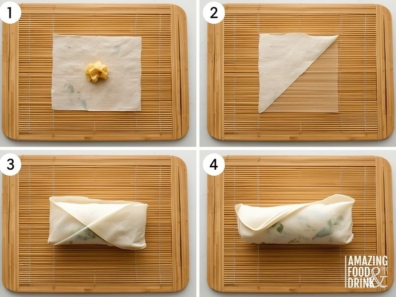 Step-by-step sequence demonstrating envelope fold technique for rolling egg rolls