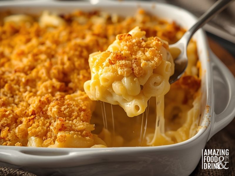 Traditional baked mac and cheese with golden breadcrumb topping in ceramic baking dish