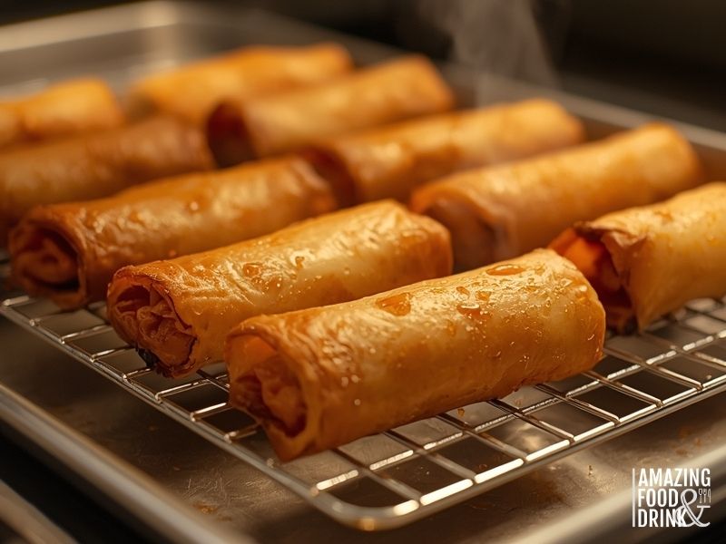 Golden-brown fried egg rolls draining on wire rack showing crispy bubbled texture