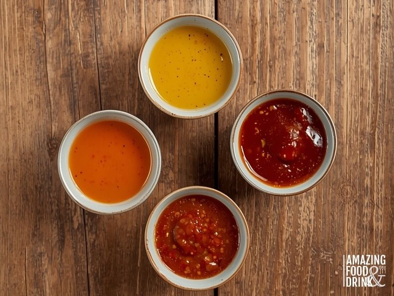 Array of five different dipping sauces for egg rolls in small bowls