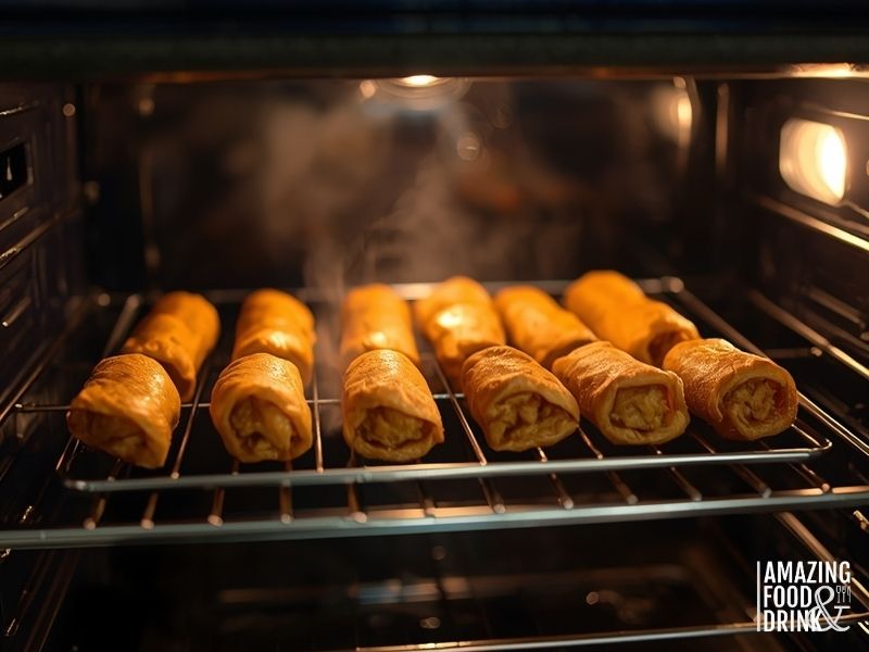 Egg rolls reheating on wire rack in oven to restore crispiness