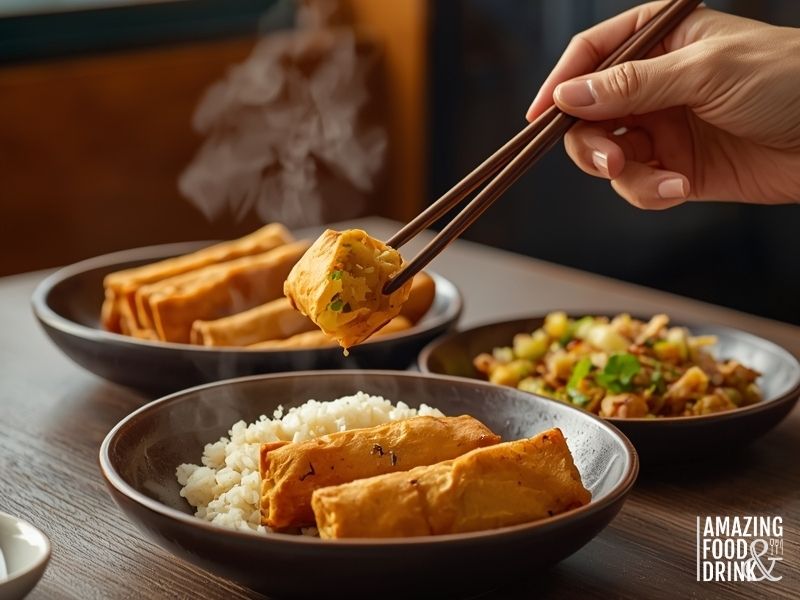 Egg rolls served as part of complete Chinese-American meal with fried rice and vegetables