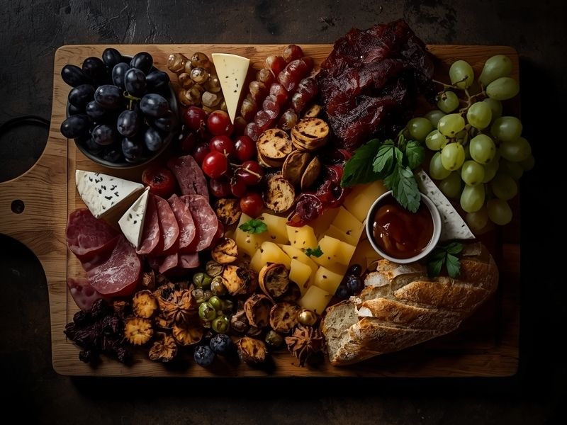 Abundant meat and cheese platters on wooden board with cured meats, artisan cheeses, fresh grapes, crackers, and garnishes arranged in rustic style