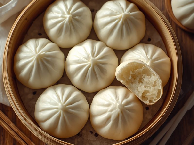 Traditional Chinese Mantou steamed bread buns with smooth white surface and fluffy interior texture on bamboo steamer