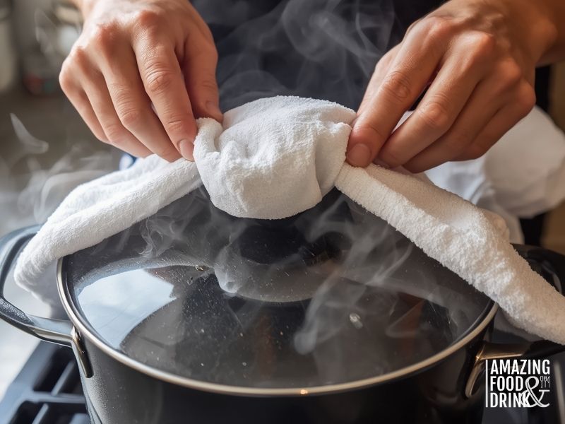 Tea towel wrapped around steamer pot lid to prevent condensation from dripping onto steamed bread