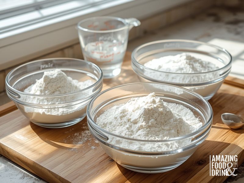 Different types of flour for steaming bread showing plain flour, all-purpose flour, and cake flour in glass bowls