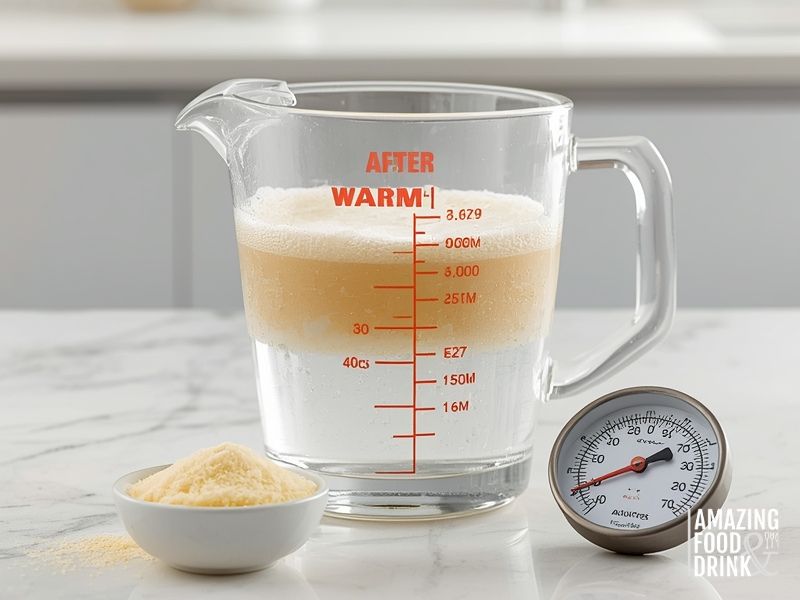 Activated instant yeast in warm water showing foamy bubbles for steamed bread dough preparation