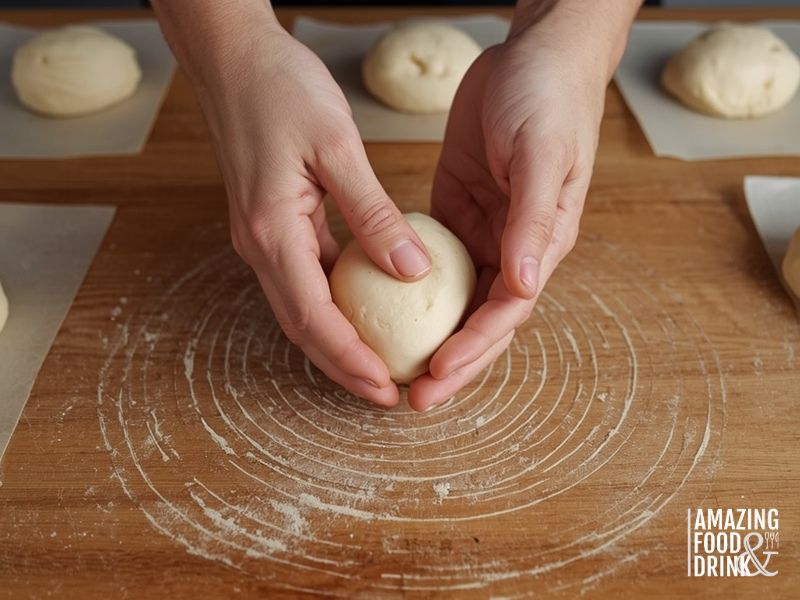 Hands shaping steamed bread dough into smooth balls using cupping and rolling technique