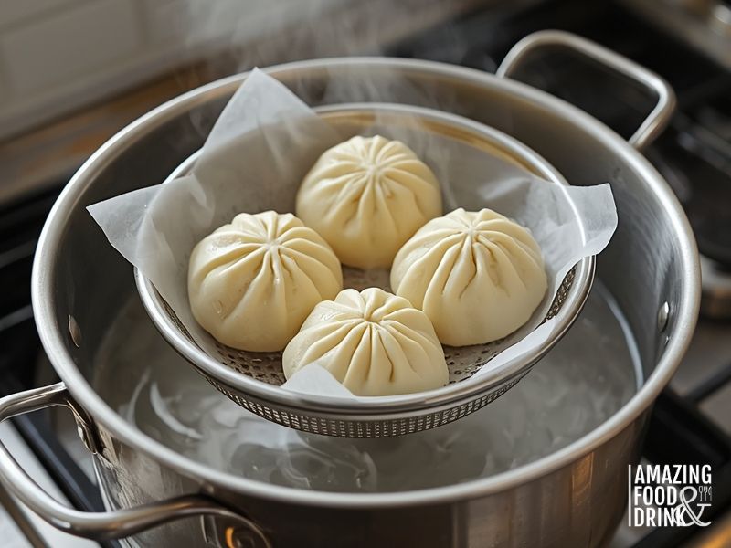DIY steaming setup using metal colander inside large pot for making steamed bread without bamboo steamer