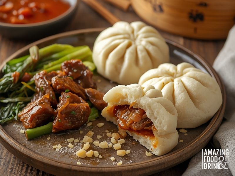 Traditional Chinese Mantou steamed bread served with braised pork belly and stir-fried vegetables