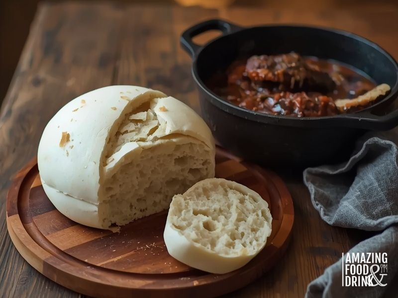 South African Dombolo steamed bread loaf served with traditional oxtail stew in cast iron pot