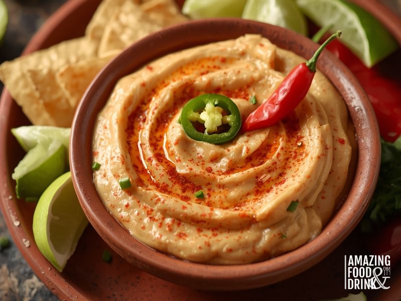 A bowl of spicy onion dip with visible red flecks from cayenne and bits of jalape&ntilde;o throughout. Garnished with a slice of fresh red chilli. Served with tortilla crisps and lime wedges on a rustic clay or terracotta plate. Bright, colourful presentation suggesting heat and Mexican-inspired flavours.