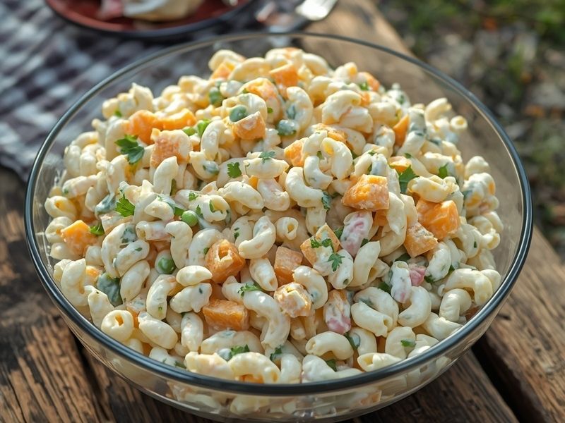 Classic creamy macaroni salad with peas and cheddar cheese in glass bowl on wooden picnic table