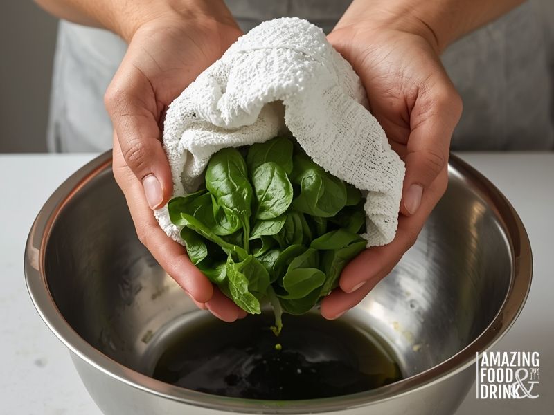 Squeezing excess moisture from thawed spinach using clean tea towel