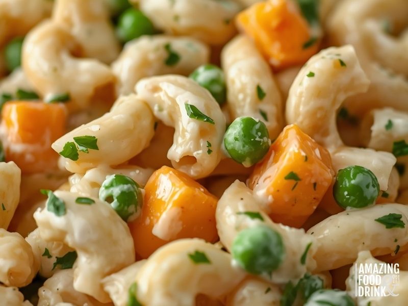 Close-up detail of finished macaroni salad showing creamy texture and colourful ingredients