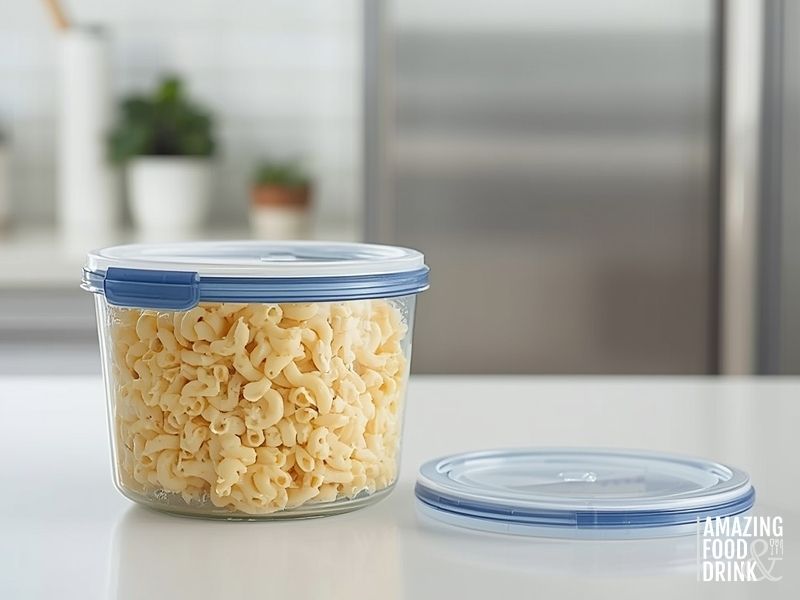 Macaroni salad stored in airtight container ready for refrigeration