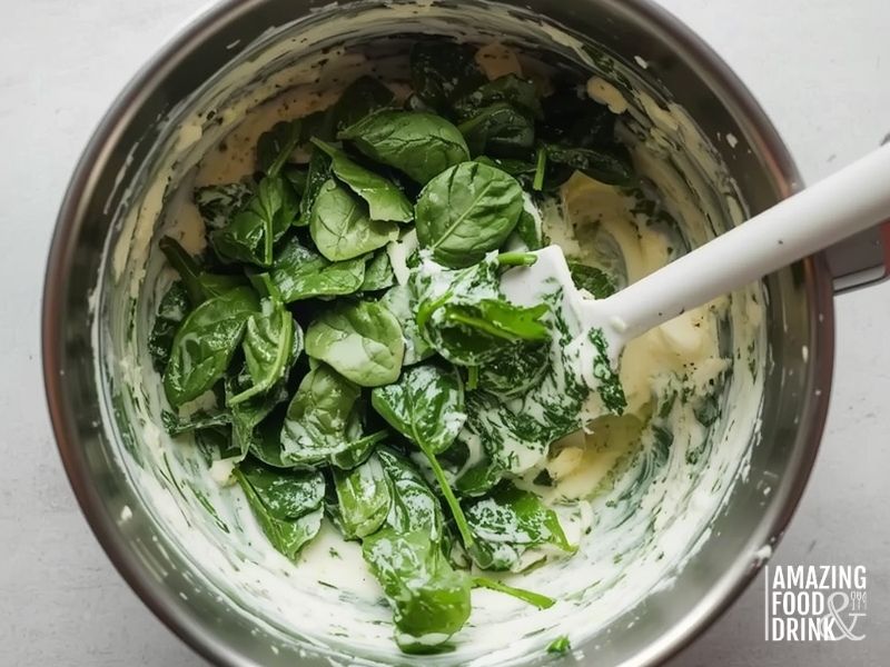 Folding squeezed spinach into cream cheese mixture with spatula