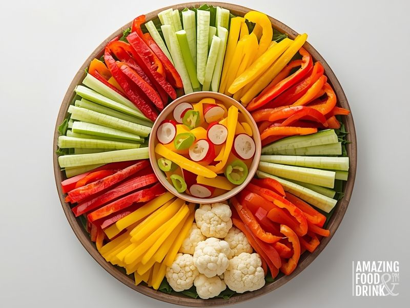 Low-carb vegetable platter with celery, cucumber, bell peppers, radishes, and cauliflower for dipping