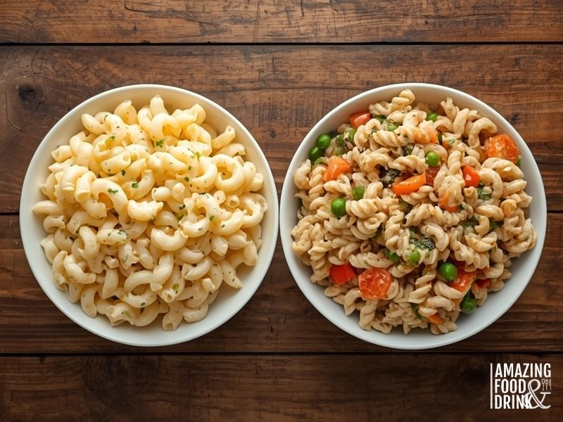 Side-by-side comparison of traditional macaroni salad and healthy Greek yoghurt version with whole-wheat pasta