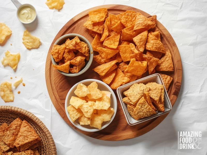 Keto-friendly dipping options including pork rinds, parmesan crisps, and flaxseed crackers on wooden board