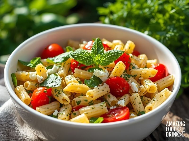 Summer herb macaroni salad with fresh basil, dill, cherry tomatoes and feta cheese